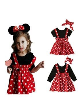 Girls Red & White Polka Dot Overall Dress 12-M Halloween Costume 3-pc Set Bow